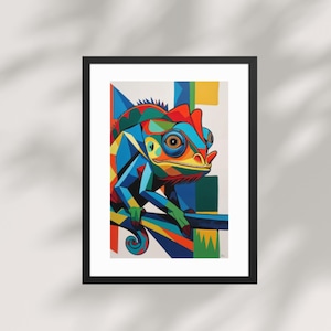 Geometric Chameleon Print – Colourful Abstract Reptile Wall Art