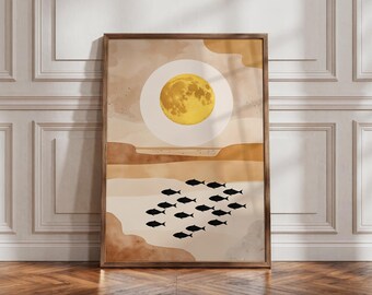 Yellow Moon Art Print, Minimal Landscape Poster, Modern Nature Wall Decor