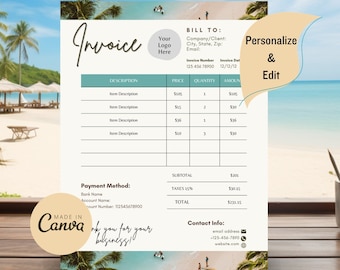 Invoice Template Editable, Tropical, Printable Custom Order Form, Small Business Canva Template, Receipt Order Form, Business Invoice