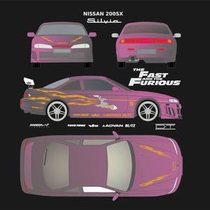 Może przedstawiać: Różowy Nissan 200SX Silvia z pomarańczowymi płomieniami i napisem "The Fast and the Furious" na boku. Samochód jest pokazany z różnych perspektyw, w tym z przodu, z tyłu, z boku i z góry.