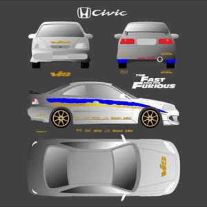 May include: A white Honda Civic with gold and blue racing stripes. The car has the words "The Fast and the Furious" on the side. The car is shown from the side, front, and top views.