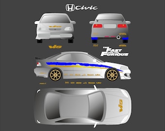 Honda Civic Coupé Replikat Danny Yamato The Fast & The Furious Projektdesign-Vektordatei zum Ausschneiden von Aufklebern