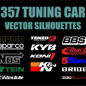 Set of 357 vector silhouettes patterns of car tuning company brands