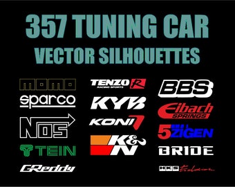 Satz von 357 Vektorsilhouettenmustern von Autotuning-Firmenmarken