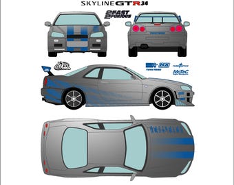 Nissan Skyline GTR34 Replik Brian O'Conner 2Fast2Furious Projektdesign-Vektordatei zum Ausschneiden von Aufklebern