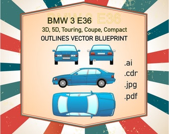 Das Vektormodell BMW 3 E36 Coupé, Cabrio, Kompakt, Touring skizziert den Projektentwurf