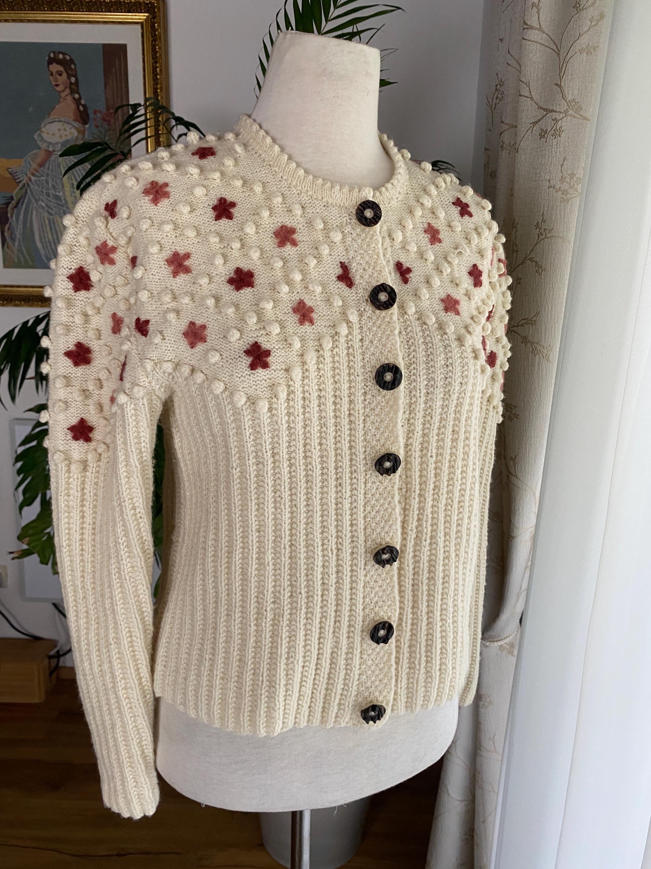 1980年代のヴィンテージ手編みオーストリア花柄カーディガン、刺繍入り 