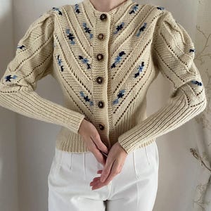 Vintage 80s Cream White Austrian Cardigan With Embroidered