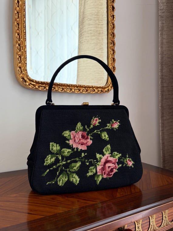 Vintage floral tapestry needlework handbag