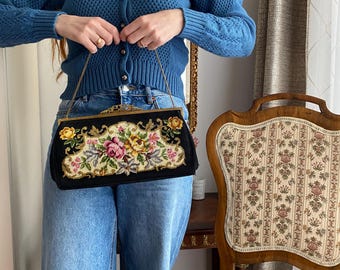 アンティークオーストリアのプチポワン刺繍イブニングクラッチバッグ
