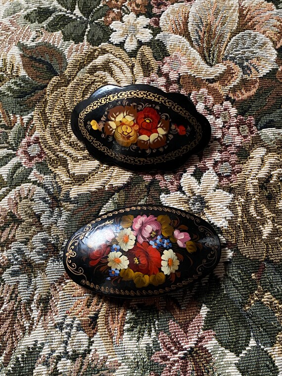 Vintage Floral Lacquer Art Hair Barrette, Russian Hair Clip  display picture 3