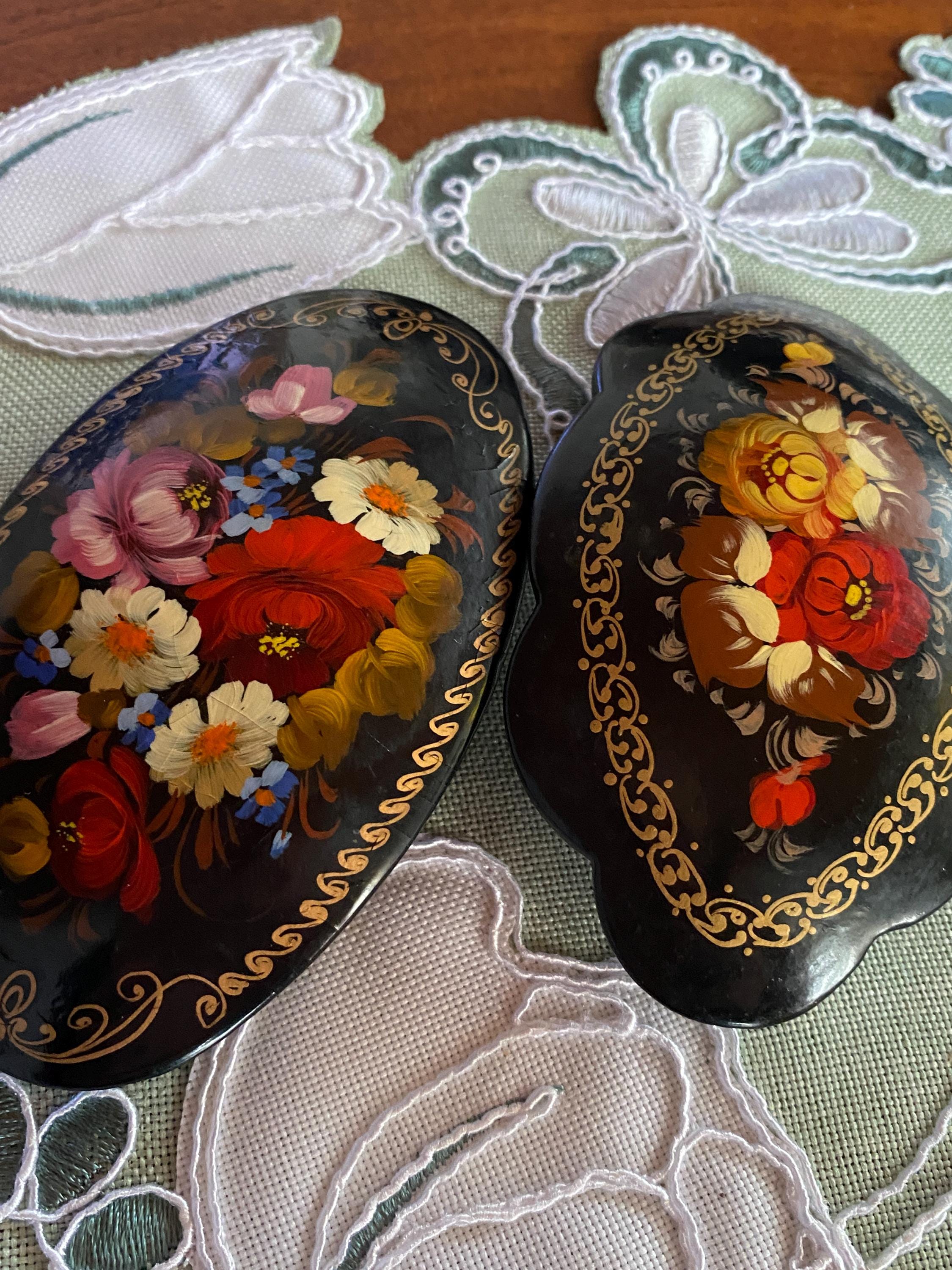 Vintage Floral Lacquer Art Hair Barrette, Russian Hair Clip  display picture 1