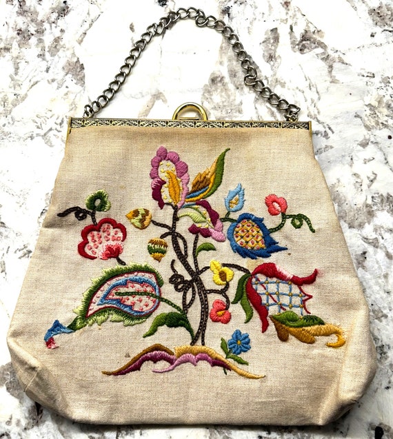 Vintage 1950's Embroidered Linen Handbag - image 2
