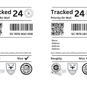 May include: A black and white printable Christmas label with the text "Tracked 24 Priority Air Mail" and a barcode. The label also includes a QR code, a return address, and a choice between "Naughty" and "Nice".