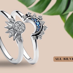 Celestial Sun And Moon Ring Set - Sparkling Sun & Blue Moon Stacking Rings - Anniversary Birthday Gifts