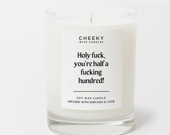 50th Birthday Gifts for Women Funny Candle for Sweary Friends Holy F*ck You're Half A Hundred