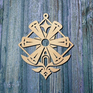 May include: A wooden snowflake ornament with intricate cutouts, featuring a star in the center and a floral design at the bottom.