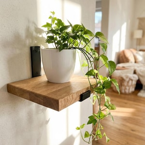 Puede incluir: Estante flotante de madera con una maceta de cerámica blanca que contiene una planta verde con hojas. El estante está sostenido por soportes metálicos negros y está montado en una pared blanca. Las enredaderas de la planta caen en cascada.