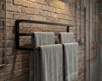Industrieller Wandhandtuchhalter – Dreifachstange aus schwarzem Stahl, handgefertigter Organizer im Loft-Stil, minimalistische Metallaufbewahrung, Handtuchstange