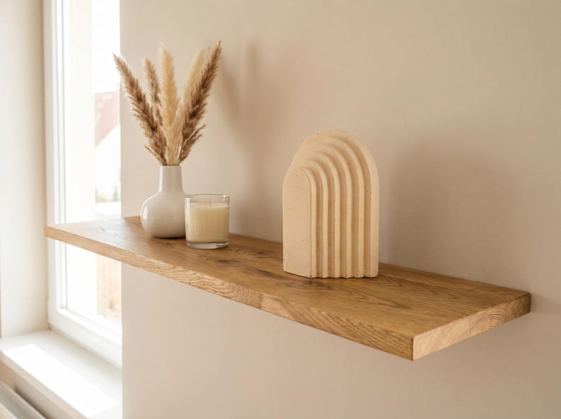 Ek svävande hylla – massiv ekhylla, rustik minimalistisk inredning, dolda konsoler, för badrum, kök, hängande hylla, Naturlig ek bild 2