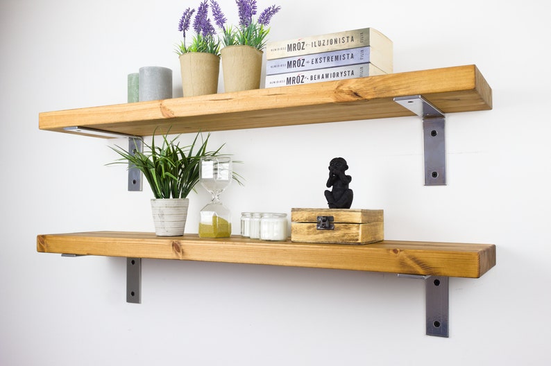 LOFT WALL SHELF,silver brackets,pine, 37mm,boho, vintage, industrial, shelf, hanging shelf, for the kitchen, for the living room, for books image 9