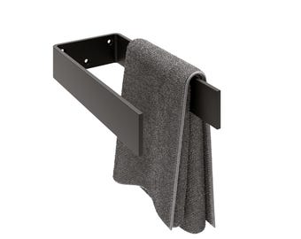 May include: A matte black towel rack with a rectangular design, holding a gray towel. The rack has a simple, modern aesthetic, with a horizontal bar to hold the towel. The towel is folded over the bar.