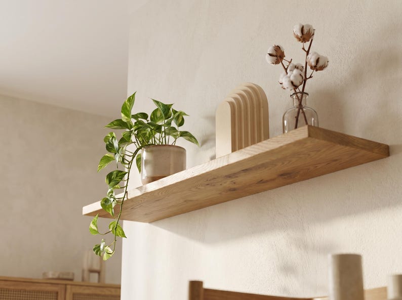 Ek svävande hylla – massiv ekhylla, rustik minimalistisk inredning, dolda konsoler, för badrum, kök, hängande hylla, Naturlig ek bild 6