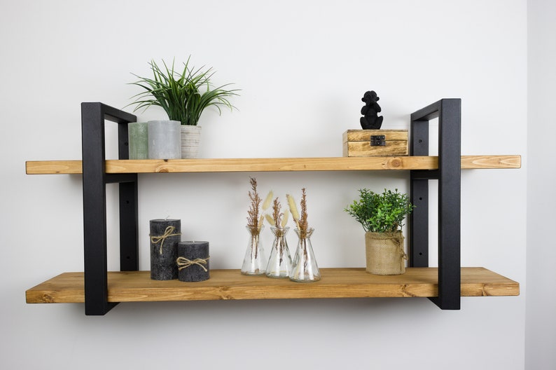 LOFT WALL SHELF, double étagère vintage, rustique,fait main, étagère murale, bibliothèque, étagère suspendue, pour la cuisine, pour le salon, pour livres image 5