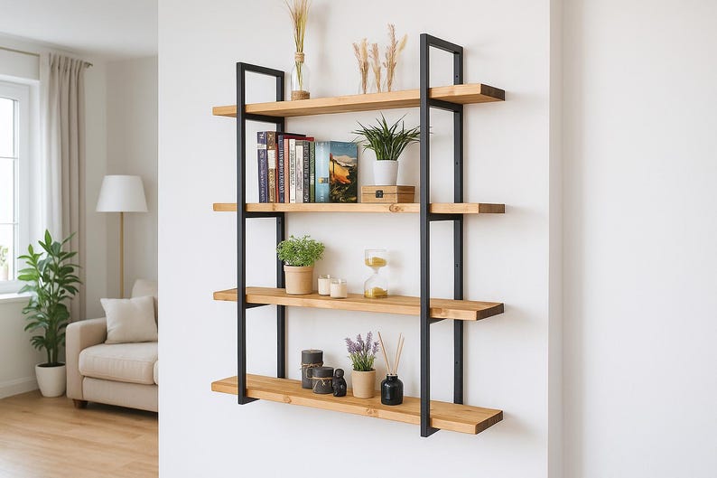 Living Room Racks WOODEN LOFT RACK, Industrial Shelf, Bookshelf, Living Room Rack, Rustic ...