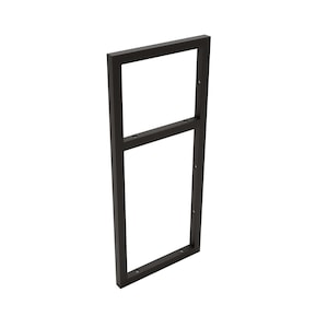 May include: Black metal shelf unit with two shelves. The shelf unit is made of metal and has a black finish.