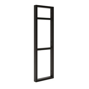 May include: Black metal shelf unit with three shelves. The shelf unit is rectangular and has a simple design.