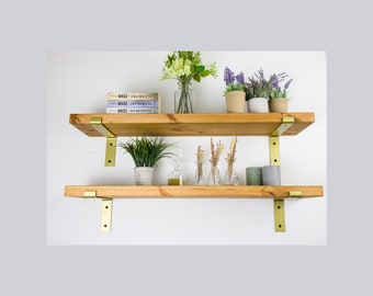 LOFT WALL SHELF, golden brackets,pine, 37mm,boho, vintage, industrial, shelf, hanging shelf, for the kitchen, for the living room, for books