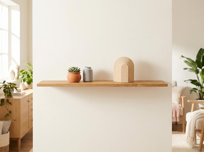 Ek svävande hylla – massiv ekhylla, rustik minimalistisk inredning, dolda konsoler, för badrum, kök, hängande hylla, Naturlig ek bild 4