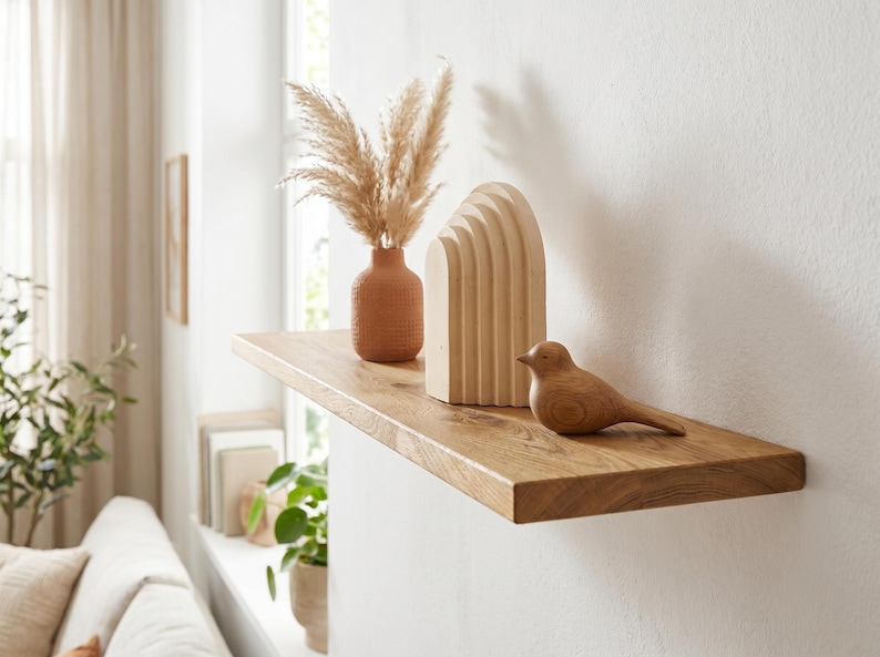 Ek svävande hylla – massiv ekhylla, rustik minimalistisk inredning, dolda konsoler, för badrum, kök, hängande hylla, Naturlig ek bild 7
