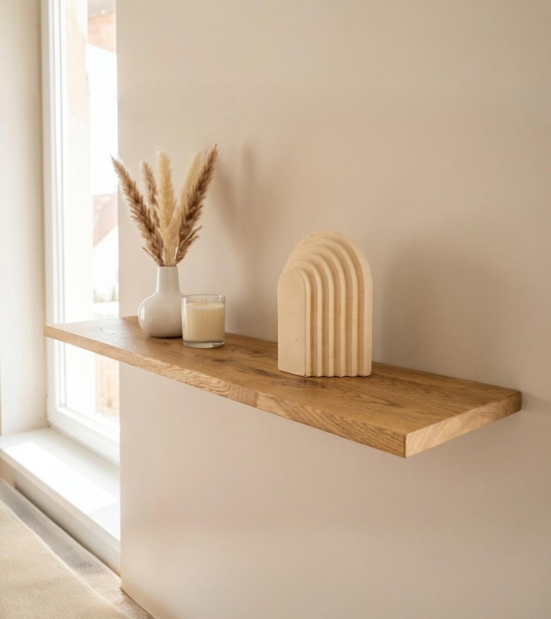 Ek svävande hylla – massiv ekhylla, rustik minimalistisk inredning, dolda konsoler, för badrum, kök, hängande hylla, Naturlig ek bild 1