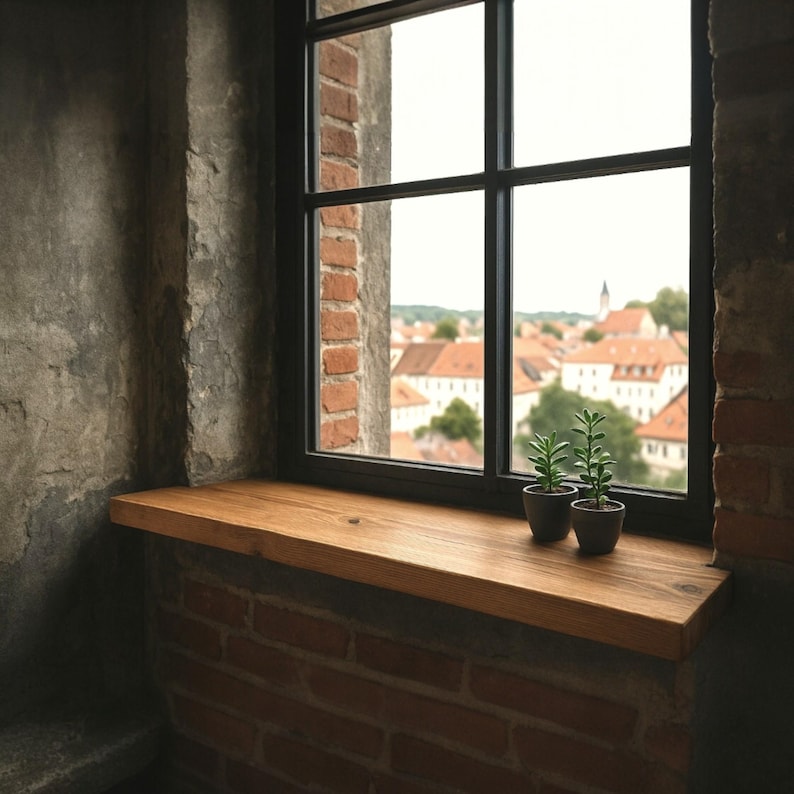 Peut inclure: Un rebord de fen&ecirc;tre en bois avec deux petites plantes en pot devant une fen&ecirc;tre &agrave; cadre noir. La fen&ecirc;tre donne sur un paysage urbain avec des toits en tuiles rouges et un clocher d'&eacute;glise. Le rebord est en bois brun clair, et le mur est en briques.