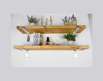 LOFT WALL SHELF,silver brackets,pine, 37mm,boho, vintage, industrial, shelf, hanging shelf, for the kitchen, for the living room, for books