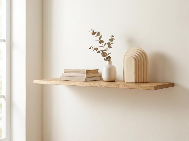 Ek svävande hylla – massiv ekhylla, rustik minimalistisk inredning, dolda konsoler, för badrum, kök, hängande hylla, Naturlig ek bild 5