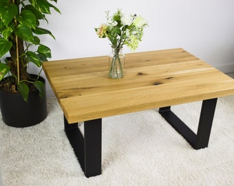 Mesa de centro de madera maciza de roble recuperada con acabado rústico, mesa de centro minimalista de estilo industrial | Mesa hecha a mano de madera recuperada