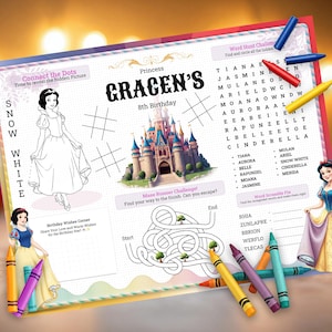 Snow White Birthday Placemat Activity Sheet Coloring Page for Princess Birthday Favors 0009