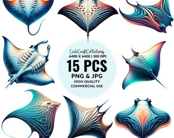 Manta Ray Clipart Marine Life, Marine Animal Sea Creatures Clipart, Ocean Clipart Bundle 15 PNG