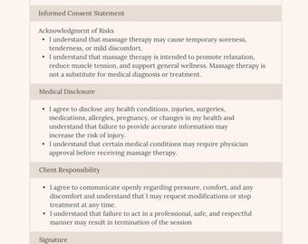 Massage Consent Form Printable PDF | Massage Therapy Liability Waiver Template | Client Treatment Consent Form