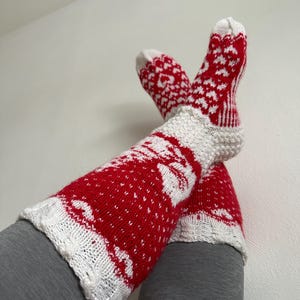 Hand knitted Nordic socks - Knee-high - Wool socks  - Cozy socks - Nordic socks - Moomin wool socks - Socks from Finland - Red wool socks