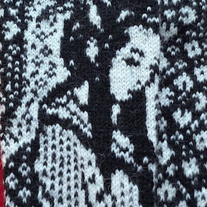May include: Close-up of a knitted fabric with a repeating pattern in black and white. The design features abstract shapes and geometric elements, creating a textured appearance. The color palette is limited to black and white.