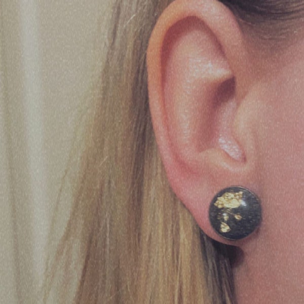 Handmade Domed black Resin stud earrings,  black and gold Leaf, blue and silver Leaf, handmade domed earrings, women earrings, Mothers Day