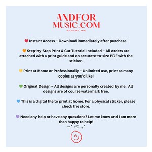 May include: A pink, yellow, green, and blue graphic with hearts and text that reads "Instant Access - Download immediately after purchase. Step-by-Step Print & Cut Tutorial Included - All orders are attached with a print guide and an accurate-to-size PDF with the sticker. Print at Home or Professionally - Unlimited use, print as many copies as you'd like! Original Design - All designs are personally created by me. All designs are of course watermark free. This is a digital file to print at home. For a physical sticker, please check the store. Need any help or have any questions? Let me know and I am more than happy to help!"