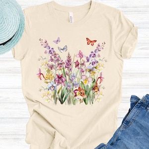Orchid Collection Garden Lover Orchids Pressed Flowers T-Shirt Boho Orchids Cottagecore Shirt  Oversized Vintage Botanical Tee Mothers Day