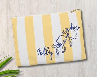 Bolsa de maquiagem de viagem personalizada com limão italiano, presente de despedida de solteira personalizado em Positano, bolsa de cosméticos de verão com listras amarelas para ela
