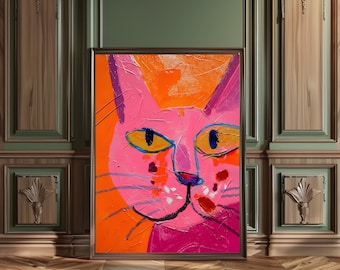 Cat Poster, Preppy Room Decor, Maximalist Wall Art, Colorful Eclectic,Gift For Animal Lovers,Cat Wall Art Trendy Cute Decor,Printable Art,AI