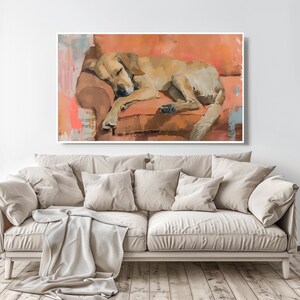 May include: A painting of a golden retriever dog sleeping on a peach-colored couch. The dog is curled up on the couch with its head resting on the armrest. The painting is done in a realistic style with soft brushstrokes.